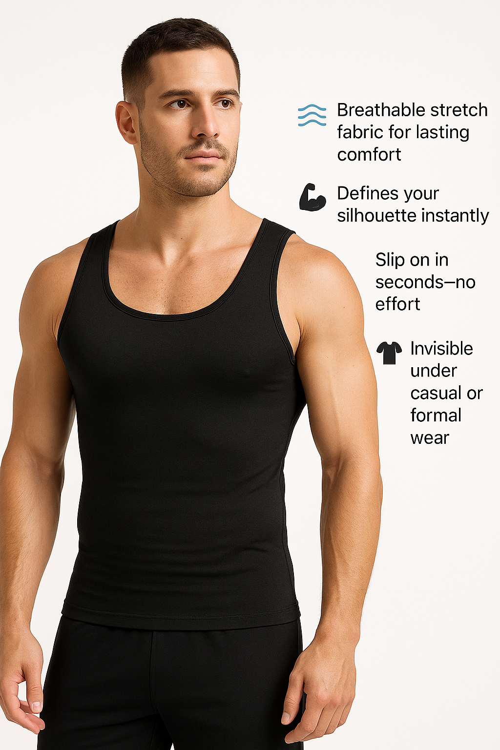 😌 All-day breathable comfort 💪 Confidence-boosting slim silhouette ⏱️ Quick pull-on, time-saving ease 👔 Invisible under any outfit